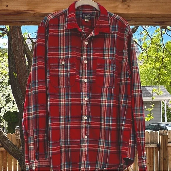 J. Crew Men's Red Midweight Flannel Plaid Shirt Large - Picture 8 of 14